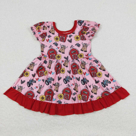 Farm Life Cow Red House Girls Short Sleeve Dress