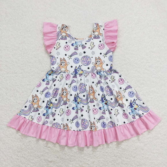 Cartoon Dogs Smile Stars Rainbow Girls Flutter Sleeve Dress