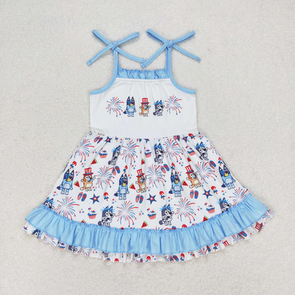 Cartoon Dogs Firework Blue Ruffles Girls 4th of July Dress