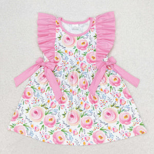 Floral Pink Ruffles Bows Girls Sleeveless Dress