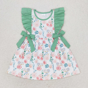 Cotton Floral Green Ruffles Bows Girls Sleeveless Dress