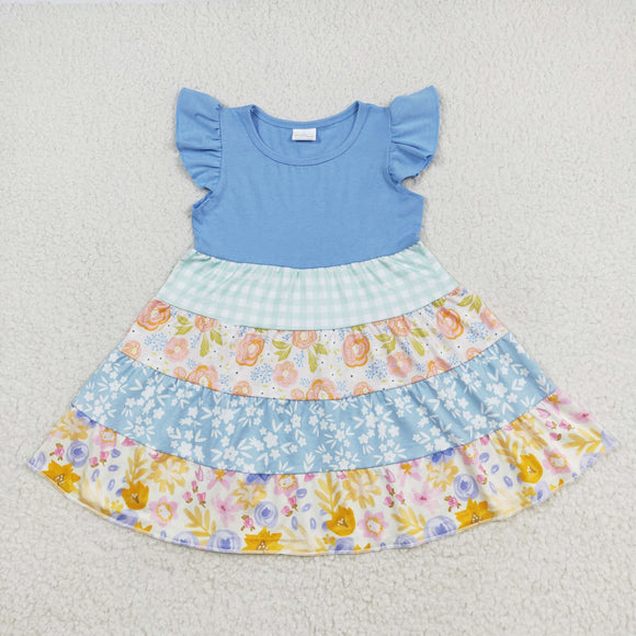 Floral Plaid Blue Girls Flutter Sleeve Dress