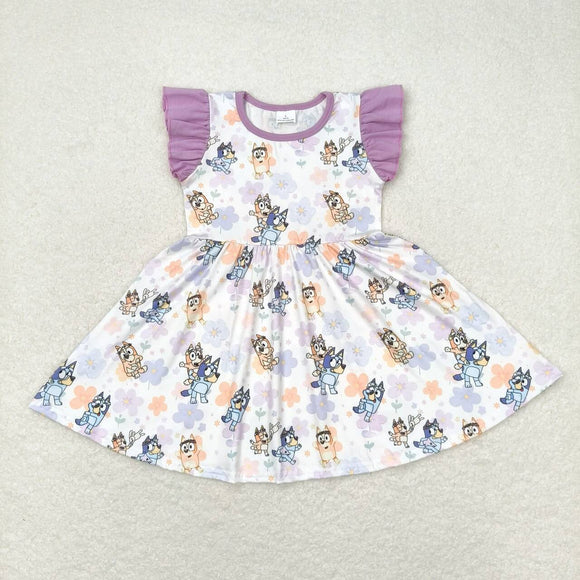 Cartoon Dogs Floral Purple Girls Flutter Sleeve Dress