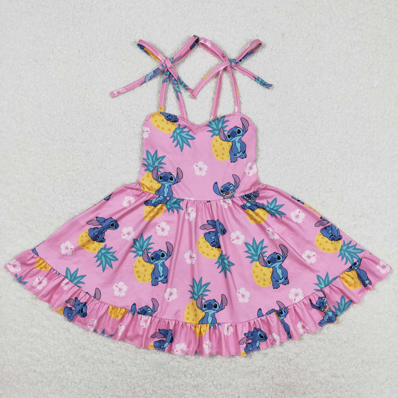 Cartoon Pineapple Pink Girls Sleeveless Dress