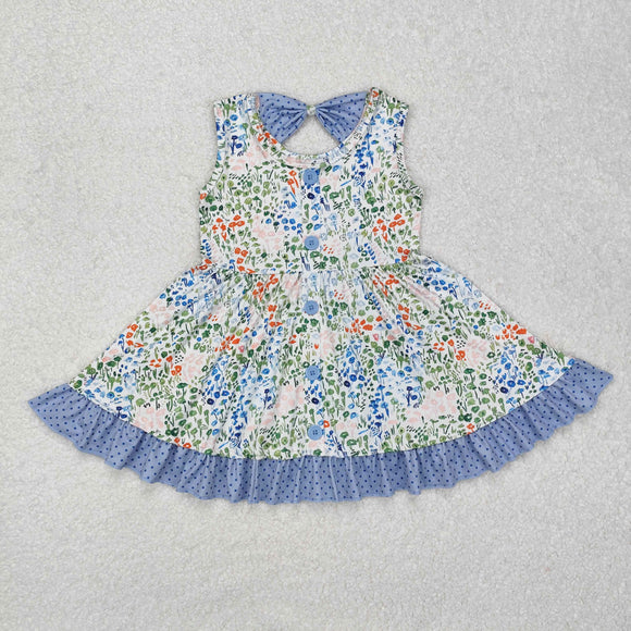 Floral Polka Dots Blue Ruffles Girls Sleeveless Dress