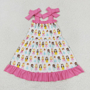 Cartoon Princess Pink Ruffles Girls Sleeveless Dress