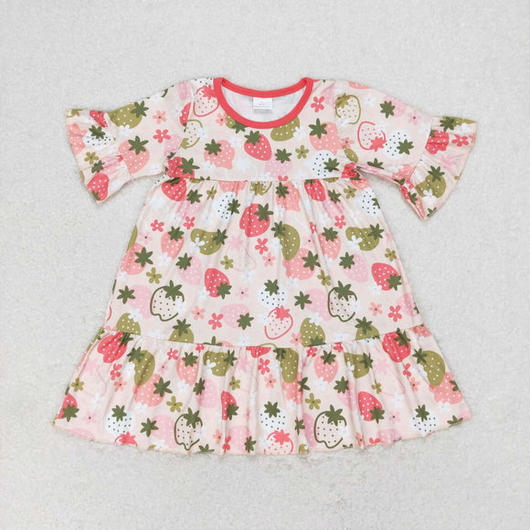 Strawberry Floral Pink Girls Short Sleeve Dress