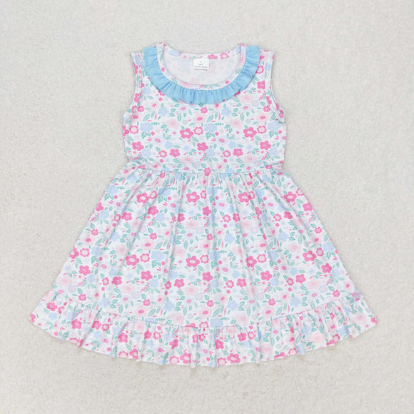 Floral Blue Ruffles Girls Sleeveless Dress