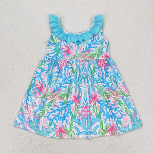 Sea Grass Blue Ruffles Bow Girls Sleeveless Dress