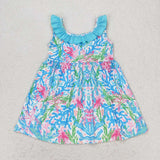 Sea Grass Blue Ruffles Bow Girls Sleeveless Dress