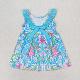 Sea Grass Blue Ruffles Bow Girls Sleeveless Dress