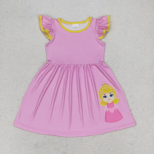 Cartoon Princess Pink Yellow Girls Flutter Sleeve Dress