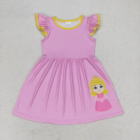 Cartoon Princess Pink Yellow Girls Flutter Sleeve Dress