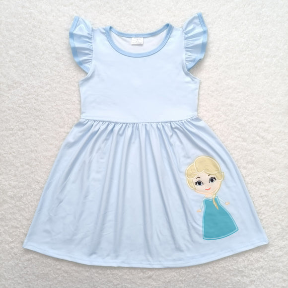 Cartoon Princess Sky Blue Girls Flutter Sleeve Dress