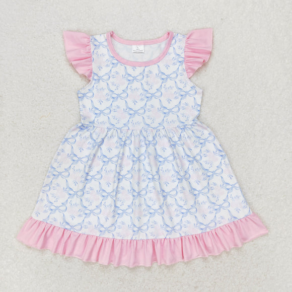 Bow Floral Pattern Pink Ruffles Girls Flutter Sleeve Dress