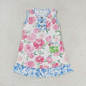 Floral Ruffles Pocket Girls Sleeveless Dress