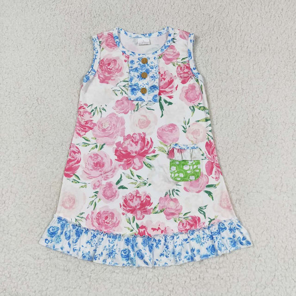 Floral Ruffles Pocket Girls Sleeveless Dress