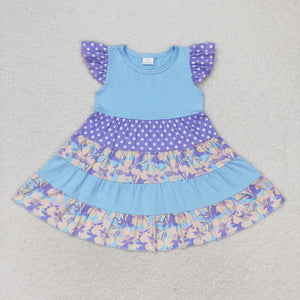 Floral Polka Dots Purple Blue Girls Flutter Sleeve Dress