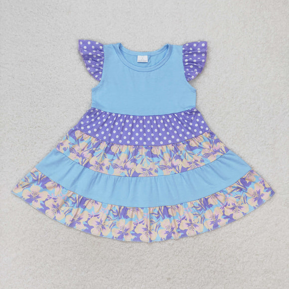 Floral Polka Dots Purple Blue Girls Flutter Sleeve Dress