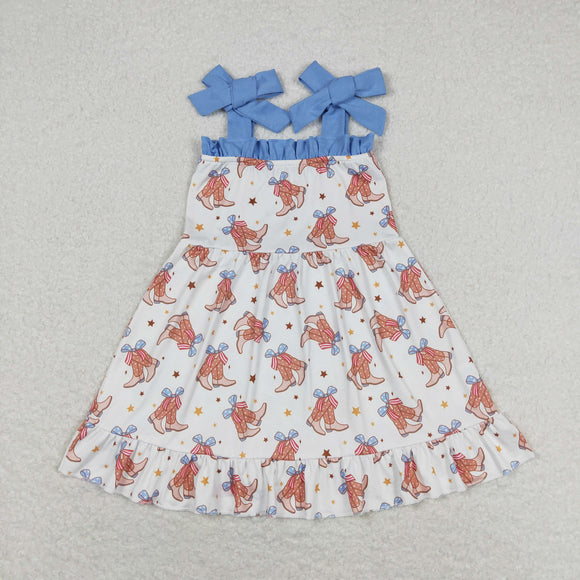 Stars Bow Boots Blue Ruffles Girls 4th of July Dress