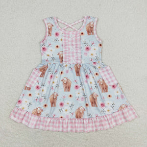 Cow Floral Pink Plaid Pockets Blue Girls Sleeveless Dress