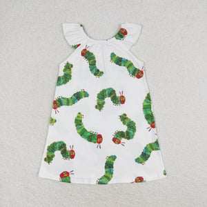 Cartoon Caterpillar White Girls Flutter Sleeve Dress