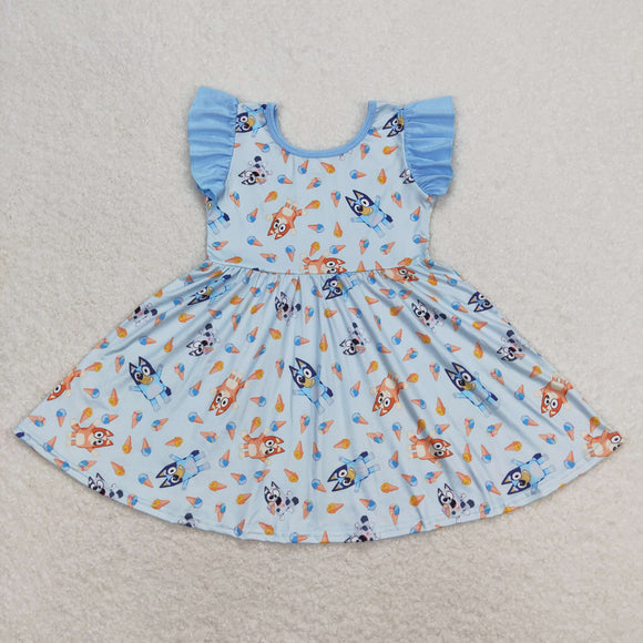 Cartoon Dogs Ice Cream Blue Girls Flutter Sleeve Dress