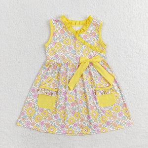 Floral Pockets Yellow Bow Girls Sleeveless Dress