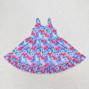 Floral Blue Red Girls Sleeveless Dress