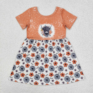 Highland Cow Floral Orange Girls Short Sleeve Dress