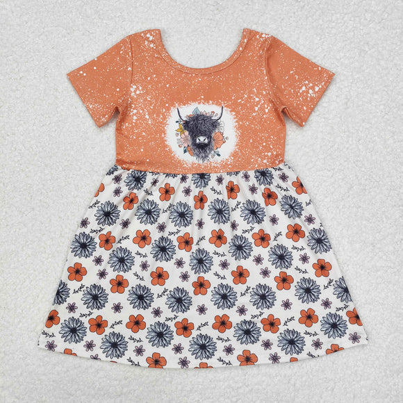 Highland Cow Floral Orange Girls Short Sleeve Dress