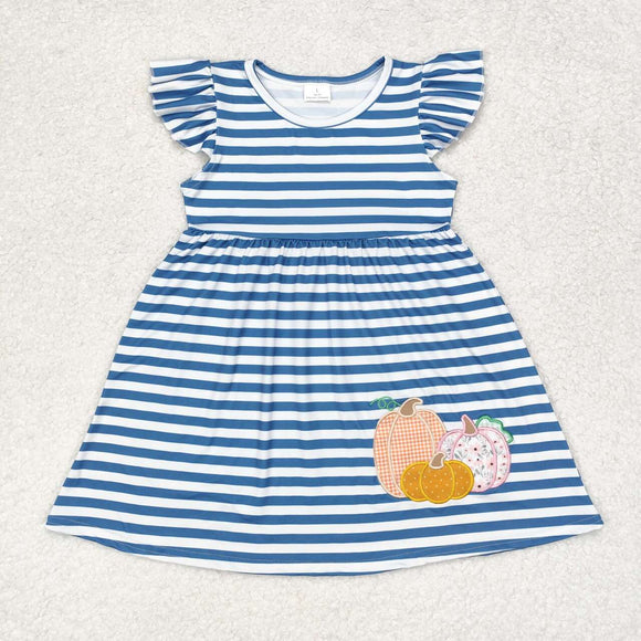 Pumpkin Floral Blue Stripe Girls Flutter Sleeve Dress