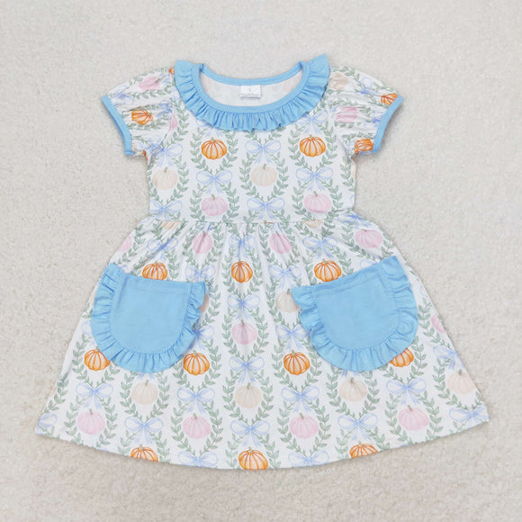 Pumpkin Leaves Bow Pattern Blue Ruffles White Girls Short Sleeve Dress