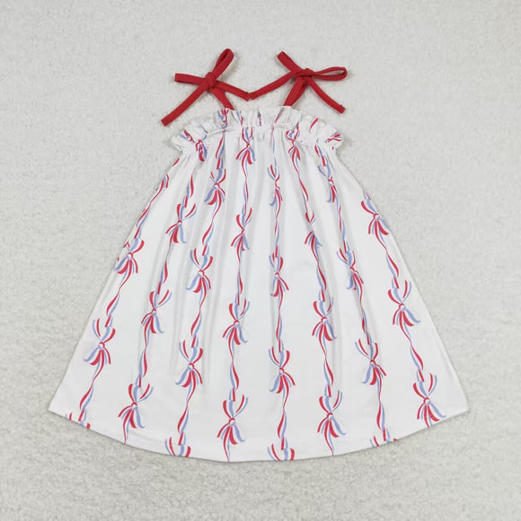 Bow Pattern White Girls 4th of July Dress