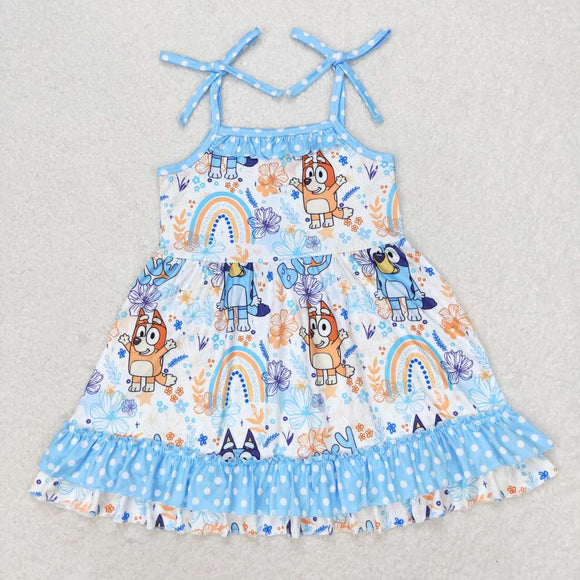 Cartoon Dogs Floral Rainbow Blue Ruffles Girls Sleeveless Dress