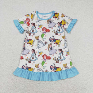 Cartoon Princess Blue Ruffles Girls Short Sleeve Dress