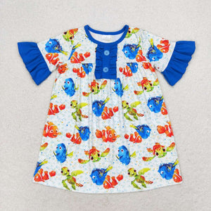 Cartoon Fish Blue Ruffles Girls Short Sleeve Dress