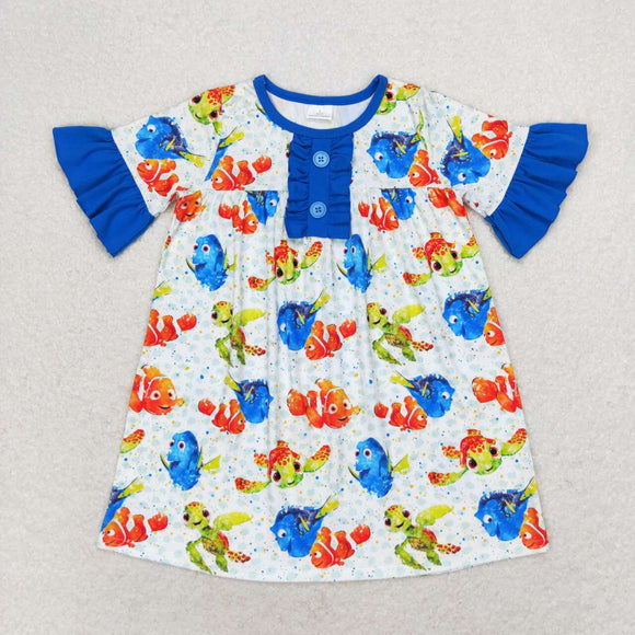 Cartoon Fish Blue Ruffles Girls Short Sleeve Dress