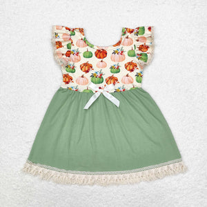 Pumpkin Tassels Green Girls Flutter Sleeve Dress