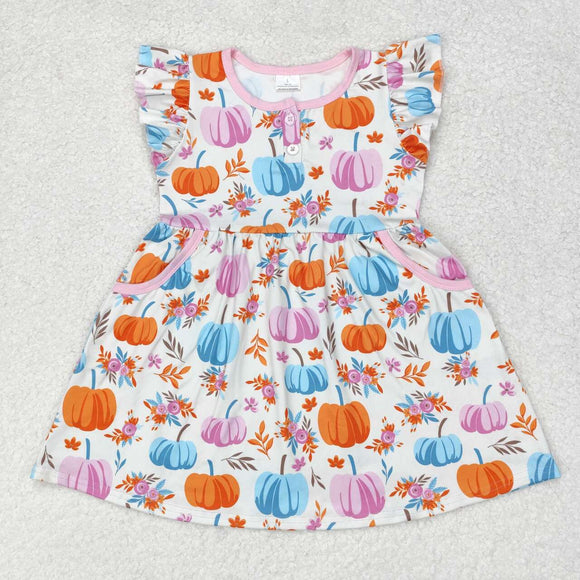 Pumpkin Pink White Girls Flutter Sleeve Dress