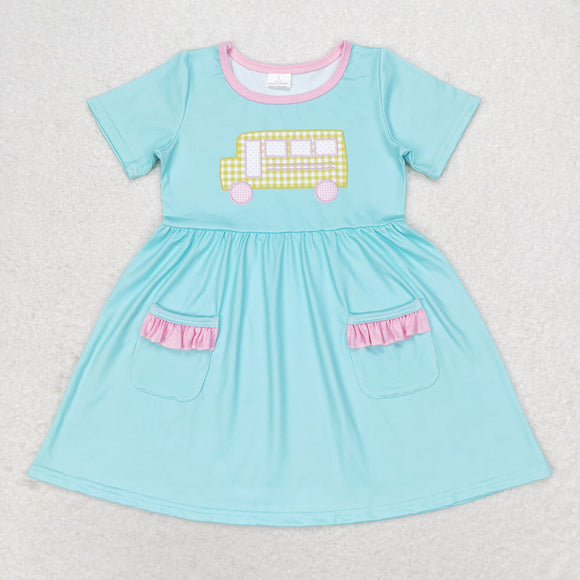 Bus Pink Blue Pockets Girls Back to School Dress