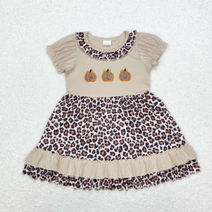 Leopard Print Pumpkin Brown Girls Short Sleeve Dress