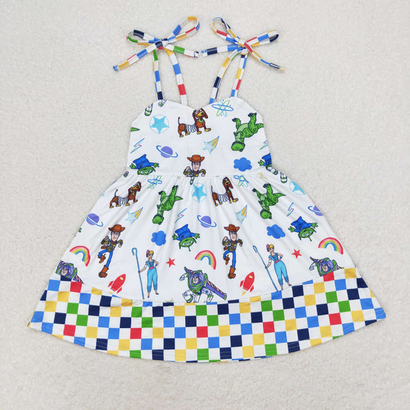 Cartoon Colorful Plaid White Girls Sleeveless Dress