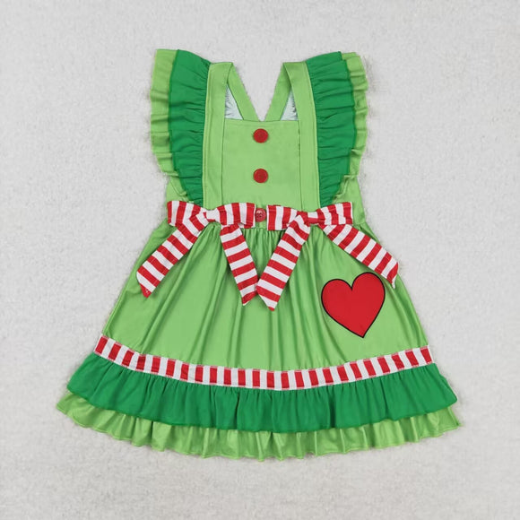 Cartoon Heart Red Stripe Bows Green Girls Christmas Dress