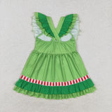 Cartoon Heart Red Stripe Bows Green Girls Christmas Dress