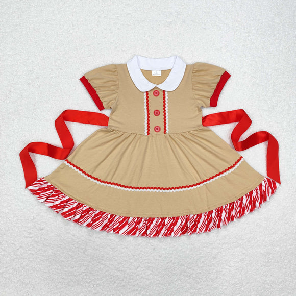 Stripe Red Belt Brown Girls Christmas Dress