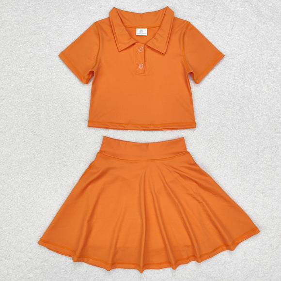 Solid Orange Athletic Shorts Girls Skirts Sets