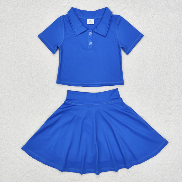 Solid Blue Athletic Shorts Girls Skirts Sets