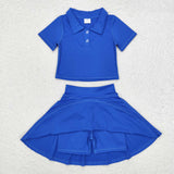 Solid Blue Athletic Shorts Girls Skirts Sets
