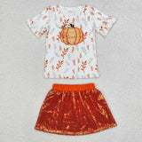 Orange Sequin Pumpkin Girls Skirts Sets